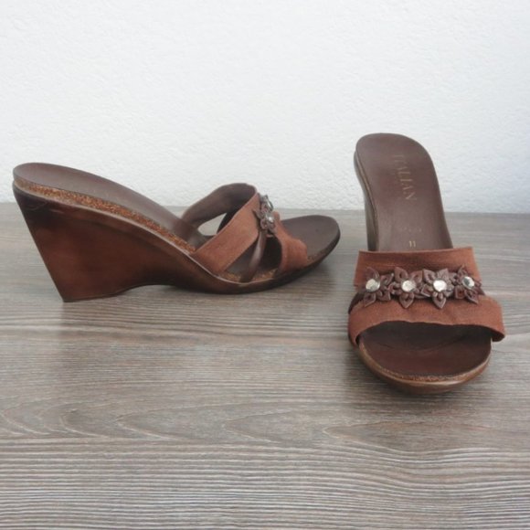 Italian Shoemakers Dark Brown Rhinestone Flower Open Toe Wedge Shoes Sandals 11 - Picture 2 of 16